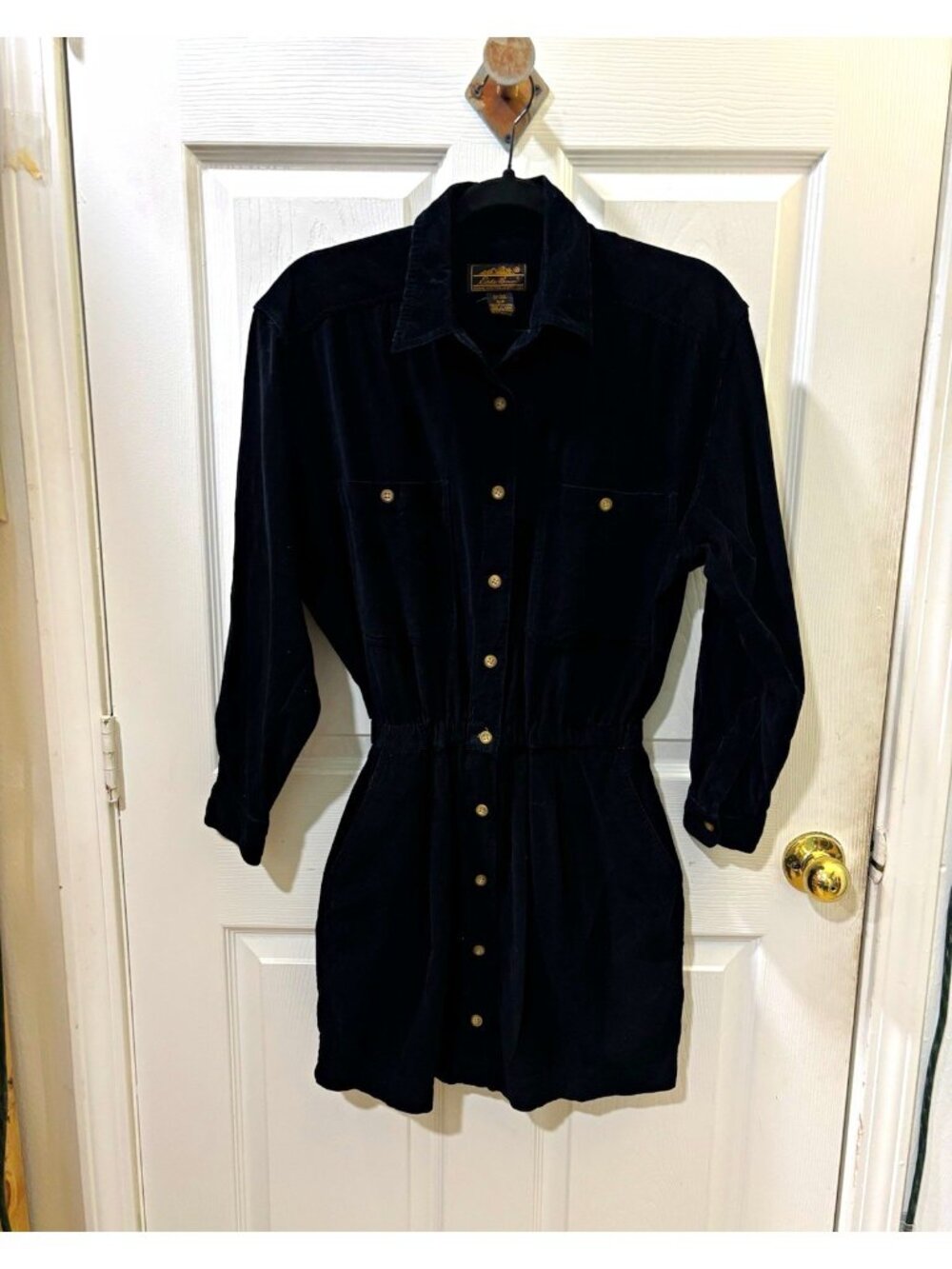 Eddie Bauer Black heritage Corduroy Button Front Shirt Dress Collared Pockets S